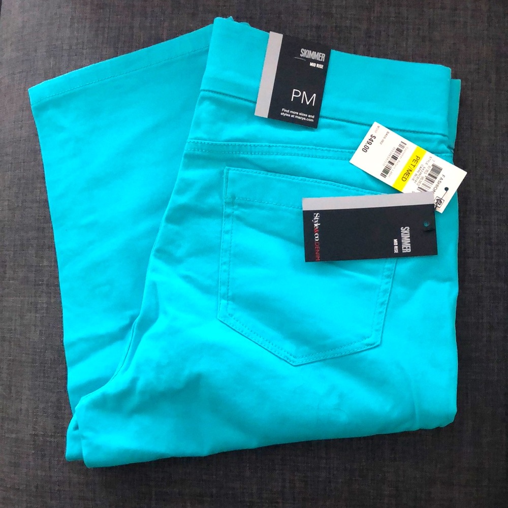 Style & Co Denim Petite Medium Turquoise Mid Rise Stretch Skimmer Pants NWT